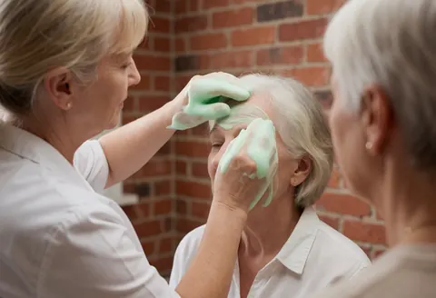 A professional aesthetician applies a green hydrating gel to a client's forehead during a facial treatment service in a salon with a red brick wall background.