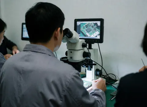 A technician uses a digital microscope to examine a circuit board in a clean, professional repair workshop environment.