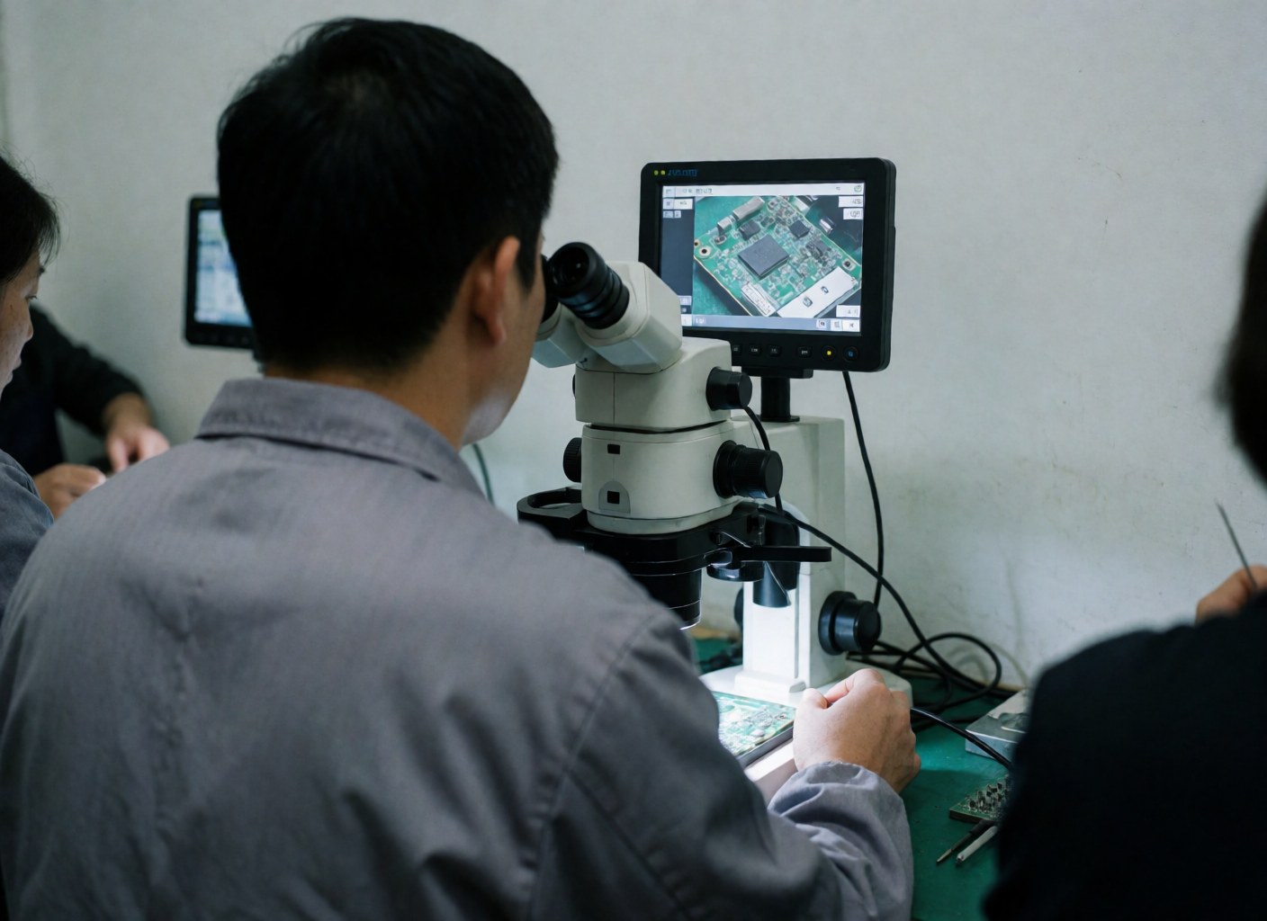 A technician uses a digital microscope to examine a circuit board in a clean, professional repair workshop environment.
