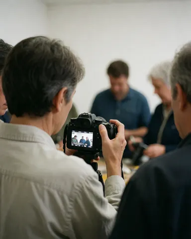 A photographer instructing a group of students during a hands-on workshop session with visible camera equipment and a white background