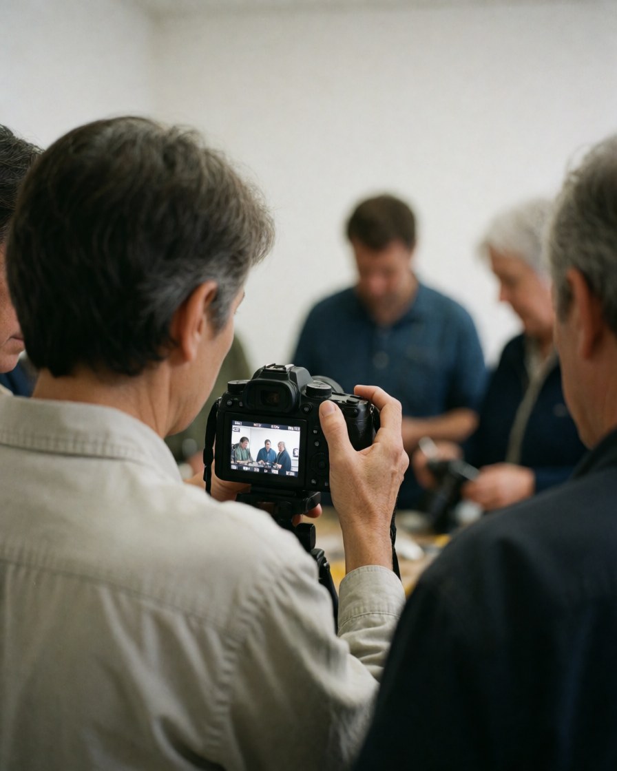 A photographer instructing a group of students during a hands-on workshop session with visible camera equipment and a white background