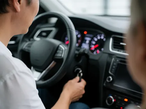 Close-up of a hand inserting a key into a car ignition with the dashboard lights illuminated, showcasing the vehicle interior for sale.