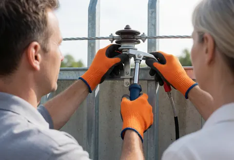 Two technicians wearing insulating gloves install a ceramic insulator on a metal fence with steel cable, demonstrating electrical security service in action.
