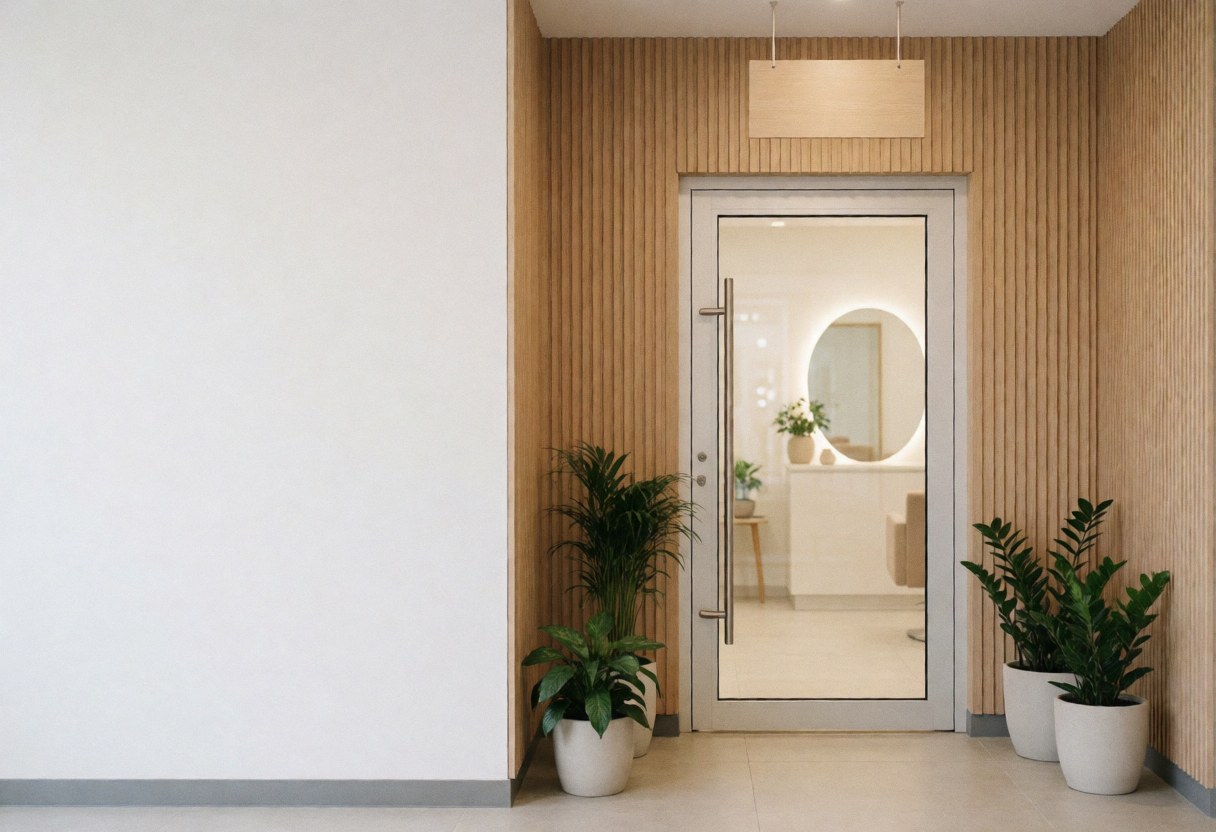 Modern salon entrance featuring glass doors, wooden walls, and potted plants, creating a calm and professional atmosphere for hair extension services.