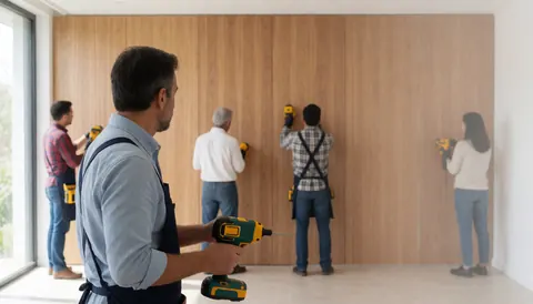 Workers installing wooden panels in a modern office with natural light, showcasing furniture carpentry services