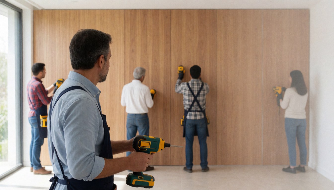 Workers installing wooden panels in a modern office with natural light, showcasing furniture carpentry services