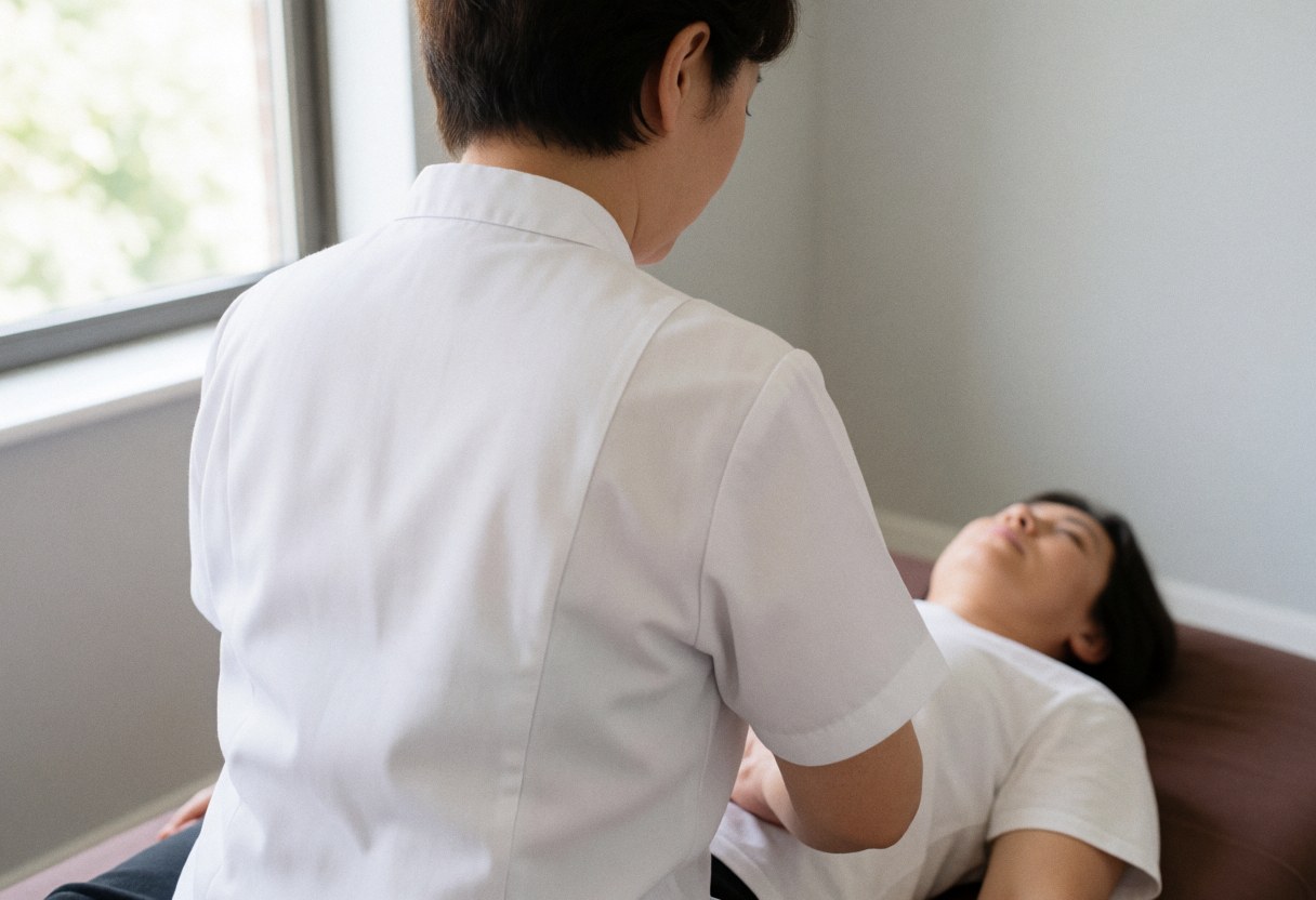 Shiatsu practitioner applying pressure to a client's abdomen while she lies on a mat in a naturally lit room with warm gray walls