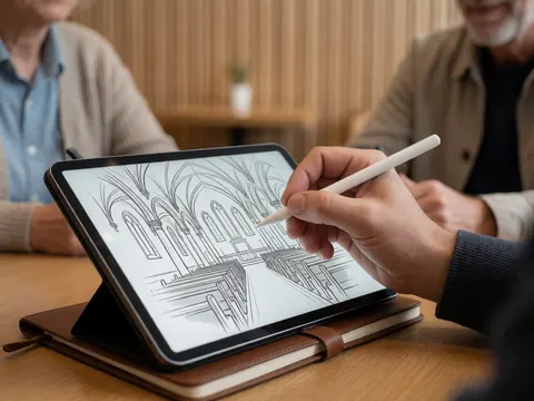 Hand sketching a church wireframe on a digital tablet placed on leather over a wooden table, ideal for wedding photographers.