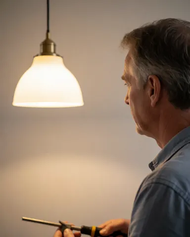 An electrician uses a screwdriver to inspect a lit hanging lamp against a neutral wall for residential electrical services.