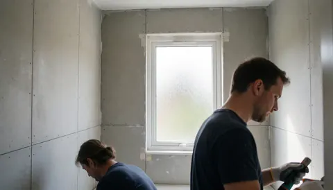 Two bathroom installers prepare a room with cement board walls and an opaque window for tile installation.