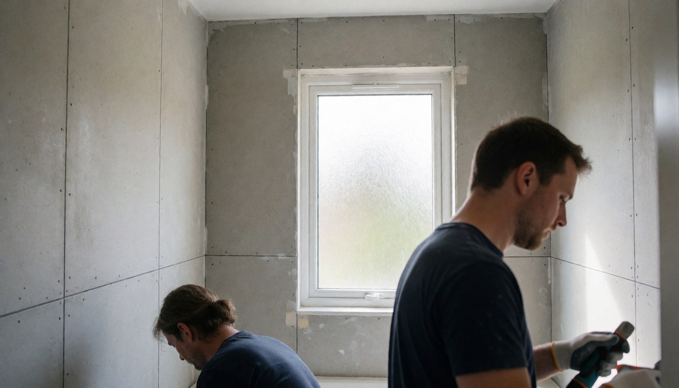 Two bathroom installers prepare a room with cement board walls and an opaque window for tile installation.