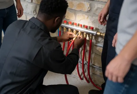 Close-up of a technician's hands connecting a red PEX tube to a wall-mounted heating manifold during a repair service.
