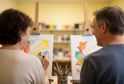 two adults painting in an art studio with visible abstract paint strokes, showing the service in action