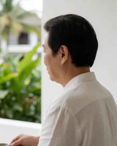A man receives a beverage at a tropical resort with green foliage and white walls