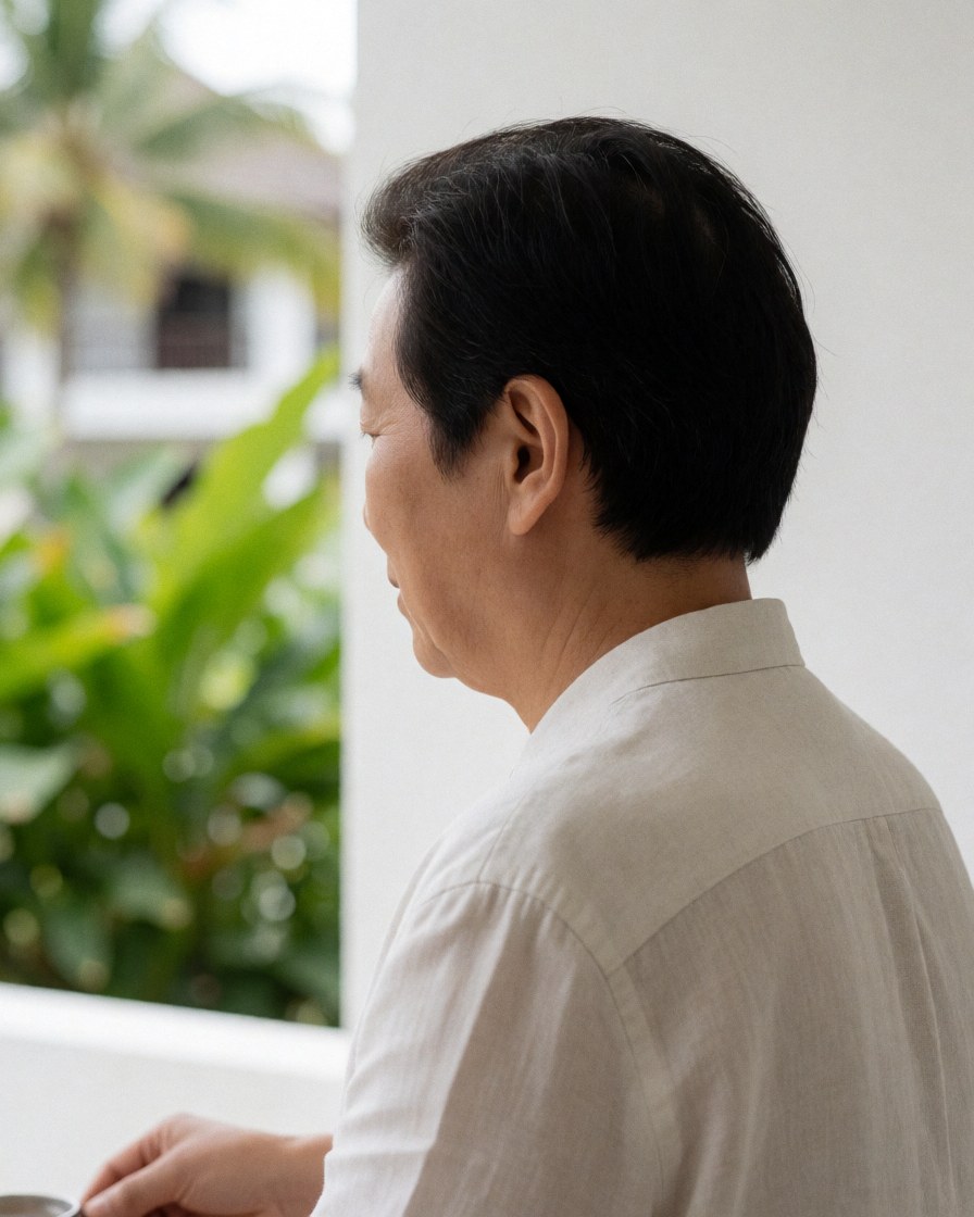 A man receives a beverage at a tropical resort with green foliage and white walls