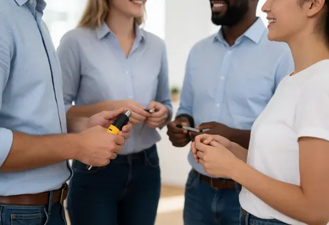 Four smiling people in casual attire conversing in a bright modern office space with natural lighting