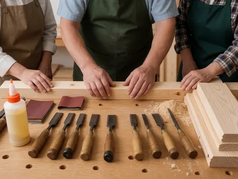 Three people wearing aprons work in a carpentry workshop with wood tools, nails, and sawdust on a work table.