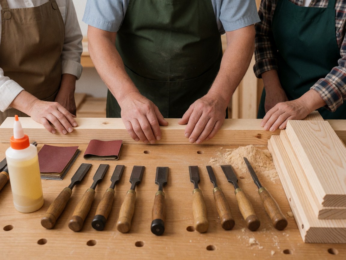 Three people wearing aprons work in a carpentry workshop with wood tools, nails, and sawdust on a work table.
