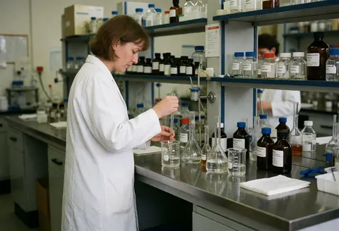 Technician measuring liquid in a flask with reagents on shelves, showing detailed scientific work.