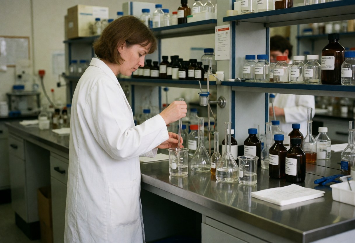 Technician measuring liquid in a flask with reagents on shelves, showing detailed scientific work.
