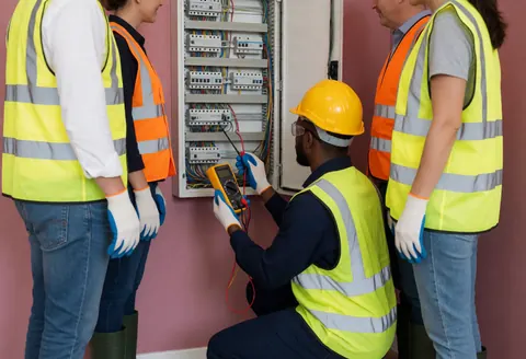Technician uses a multimeter to check an open electrical panel while colleagues observe closely nearby.