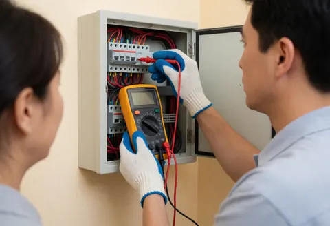 Technician with insulated gloves testing circuits in an open elevator electrical cabinet with red and black wiring during a repair service.
