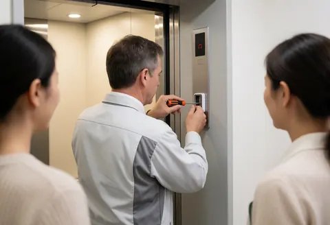 Technician installs an emergency button on an elevator panel while two people observe from the side.