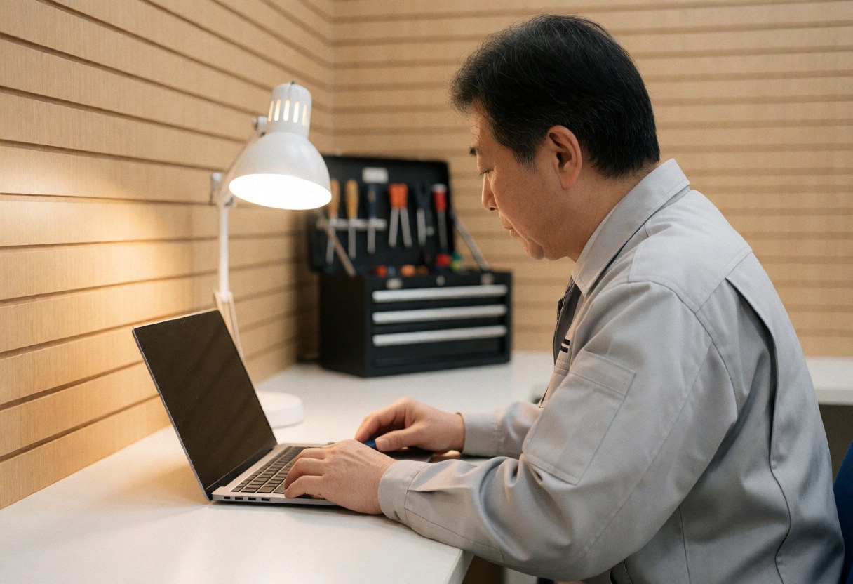 Technician in gray uniform checking a laptop on a white desk with a desk lamp and tool cabinet in the background