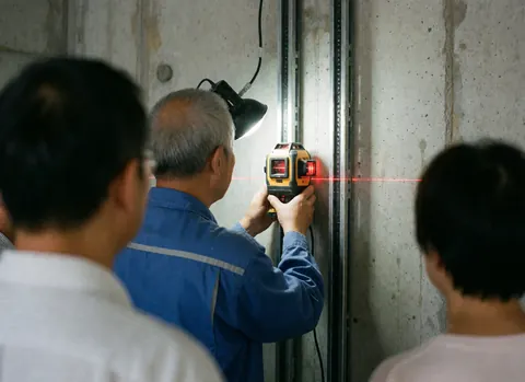 Technician in blue uniform aligns metal elevator guide rails using a red laser level on a concrete wall during service work.
