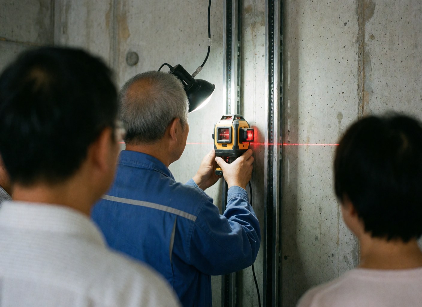 Technician in blue uniform aligns metal elevator guide rails using a red laser level on a concrete wall during service work.