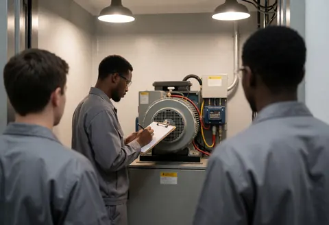 Technician checking elevator motor in machine room, taking notes in a notebook with gray walls and ceiling lights visible