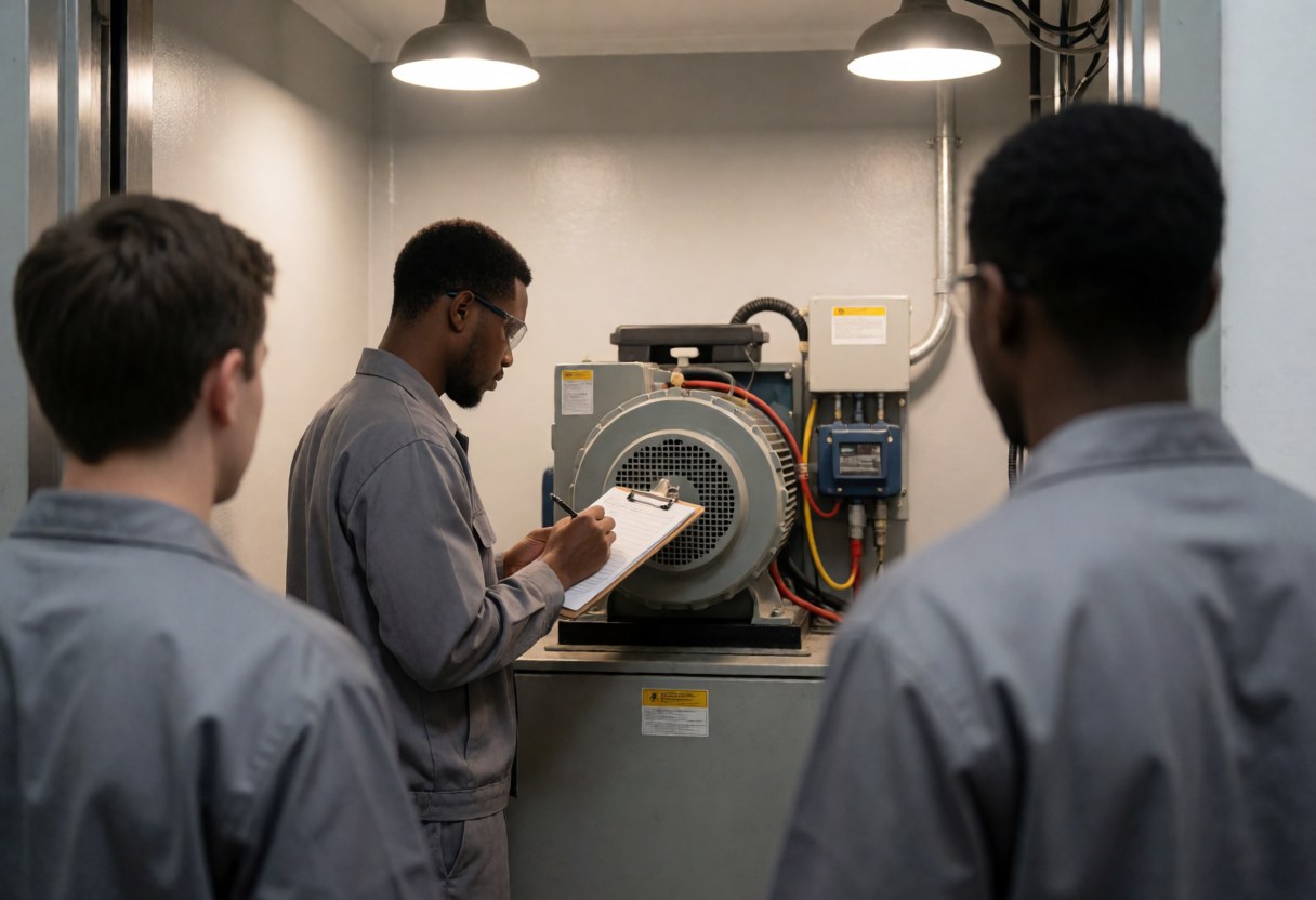 Technician checking elevator motor in machine room, taking notes in a notebook with gray walls and ceiling lights visible