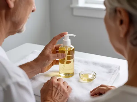 A close-up view of a hand holding a bottle of oil, likely used for therapeutic massage purposes in a professional setting.