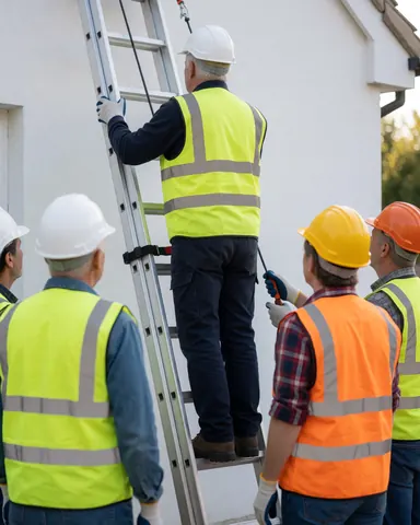 Worker on ladder wearing safety equipment performing roof repair while others observe the task at a house with white walls