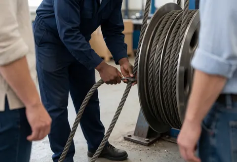 Technician in blue uniform adjusting thick steel cable on metal pulley in elevator repair workshop with concrete floor