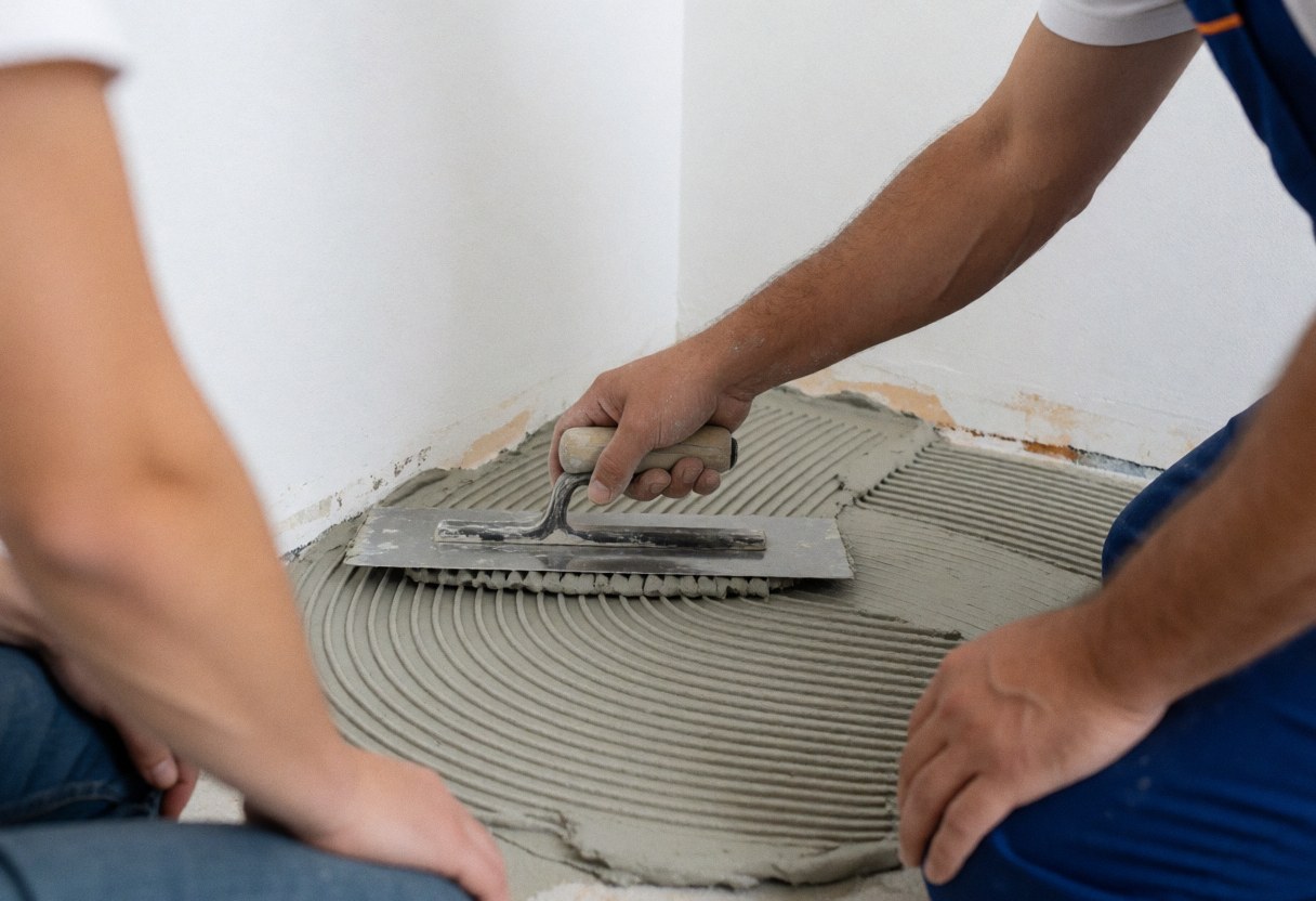 Cork flooring installer applying gray adhesive with a trowel on white walls during service in action