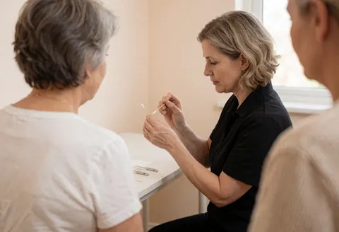 Technician applying false eyelashes to a client using a cotton swab on a white table in a clean professional salon setting with beige walls and natural light