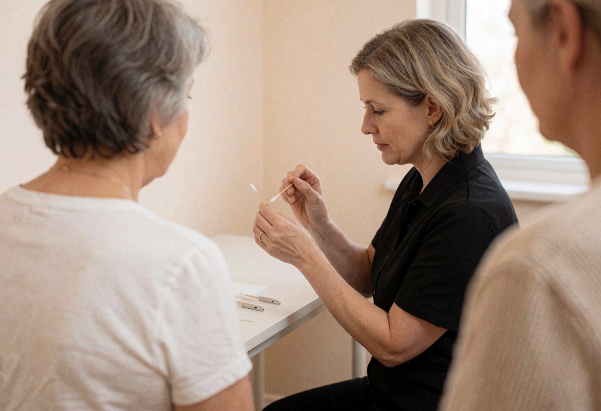 Technician applying false eyelashes to a client using a cotton swab on a white table in a clean professional salon setting with beige walls and natural light
