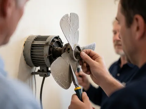 Technician removing damaged fan blade from a wall-mounted refrigerator motor against a warm white painted wall