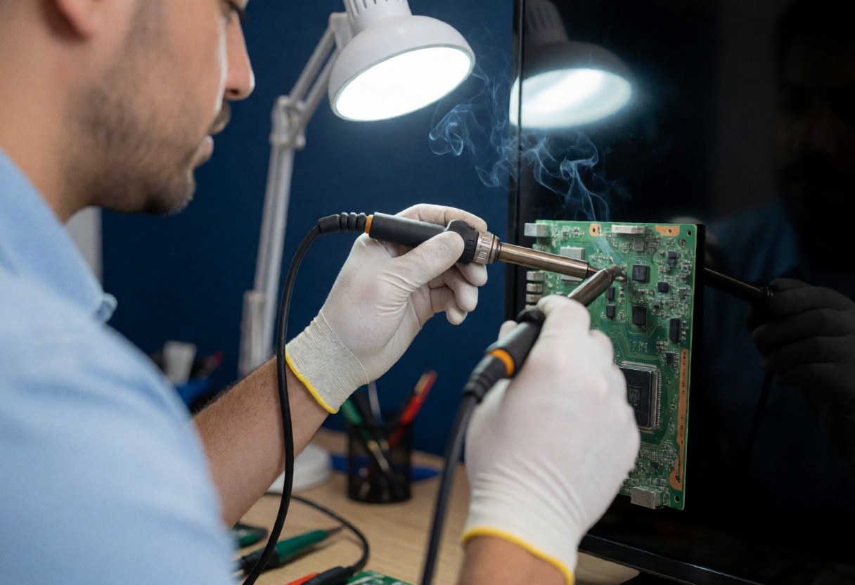 Close-up of a technician's gloved hand soldering a green circuit board inside a television set with visible smoke and work light in a workshop.