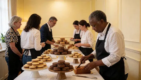 A chef slices a dulce de leche cake on a table with stacked alfajores during an elegant pastry event.