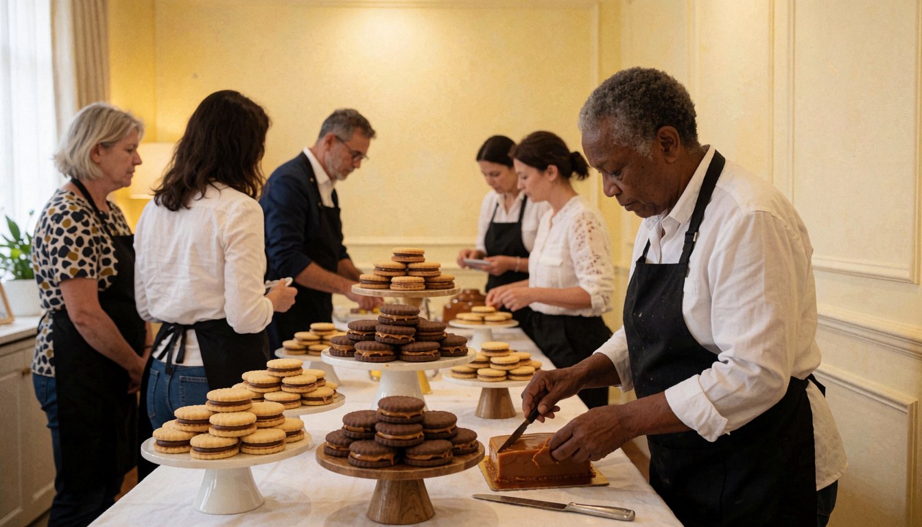 A chef slices a dulce de leche cake on a table with stacked alfajores during an elegant pastry event.
