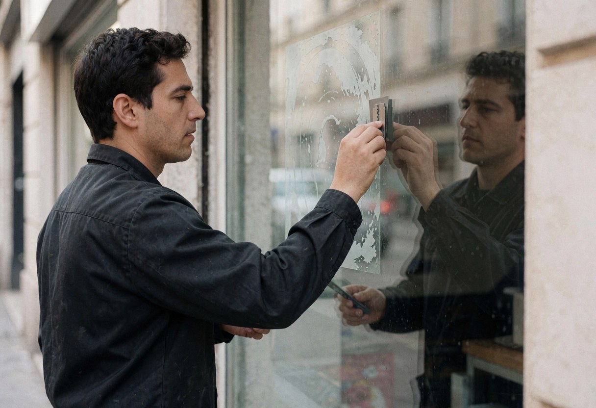 A man uses a tool to scrape a sticker off a glass storefront window, with visible reflections on the surface during a cleaning service.