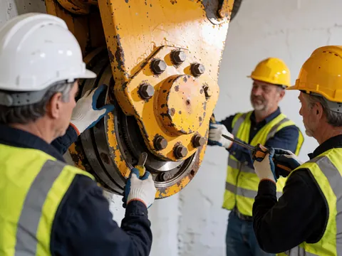 Three workers in hard hats and vests tightening bolts on a yellow crane bearing ring in an industrial workshop.