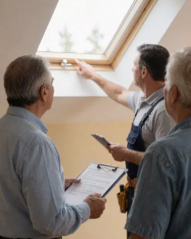 Roofer checking a newly installed skylight on a roof with natural light and beige walls