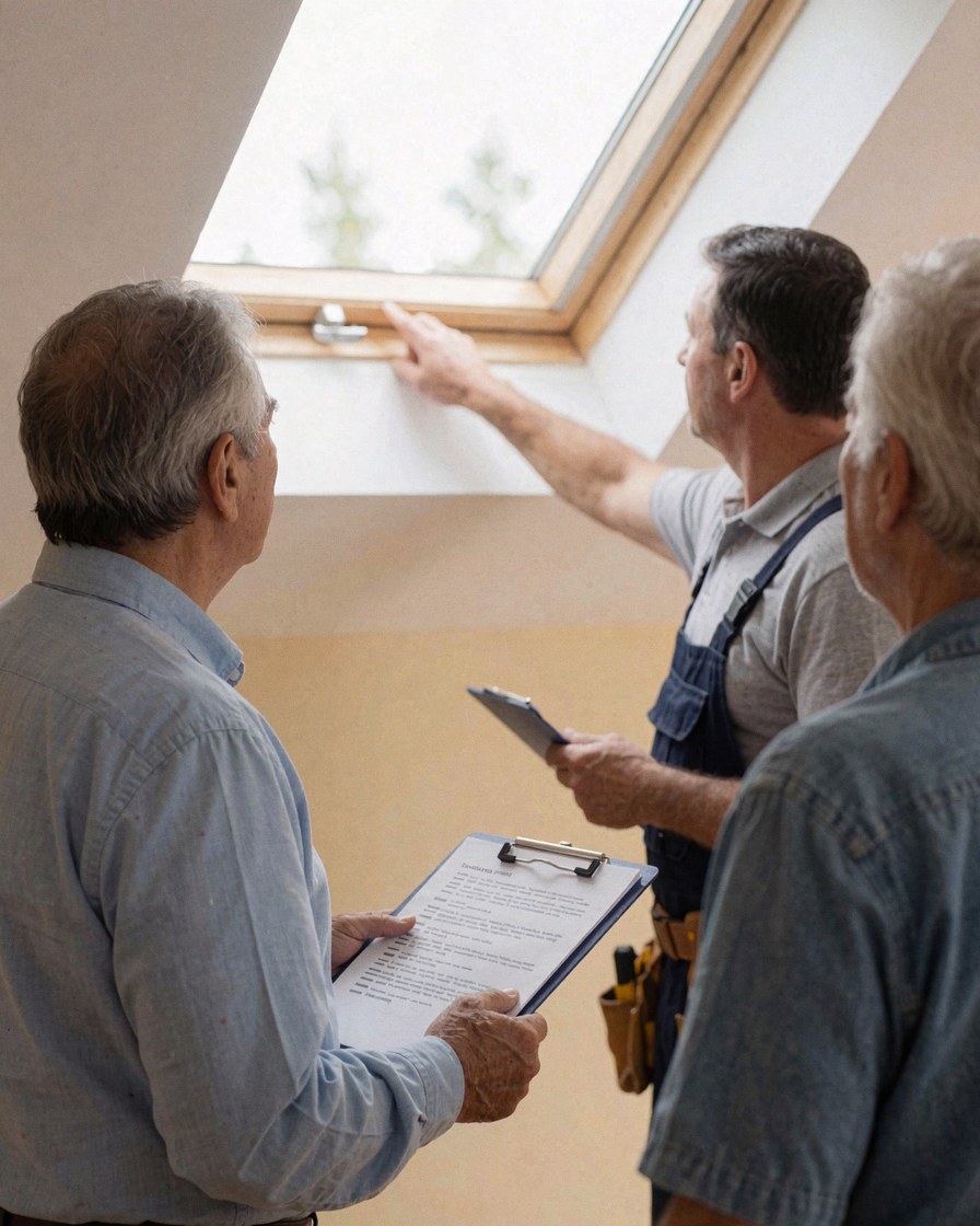 Roofer checking a newly installed skylight on a roof with natural light and beige walls