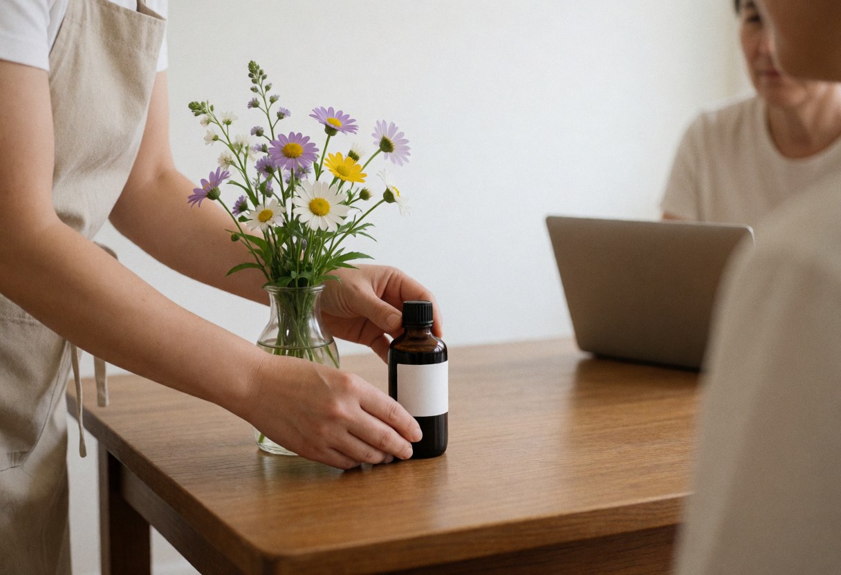 A professional places a bottle of floral remedy next to a bouquet of wildflowers on a wooden consultation table.