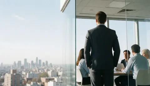 Back view of a man in a suit looking out at the city skyline from a glass-walled conference room.