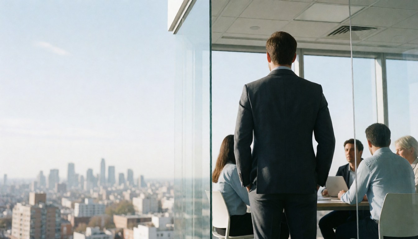 Back view of a man in a suit looking out at the city skyline from a glass-walled conference room.