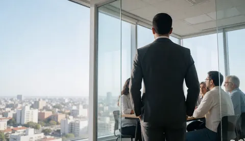 A man in a suit stands with his back to the camera, gazing out a large office window at the urban cityscape while colleagues work at a table nearby.